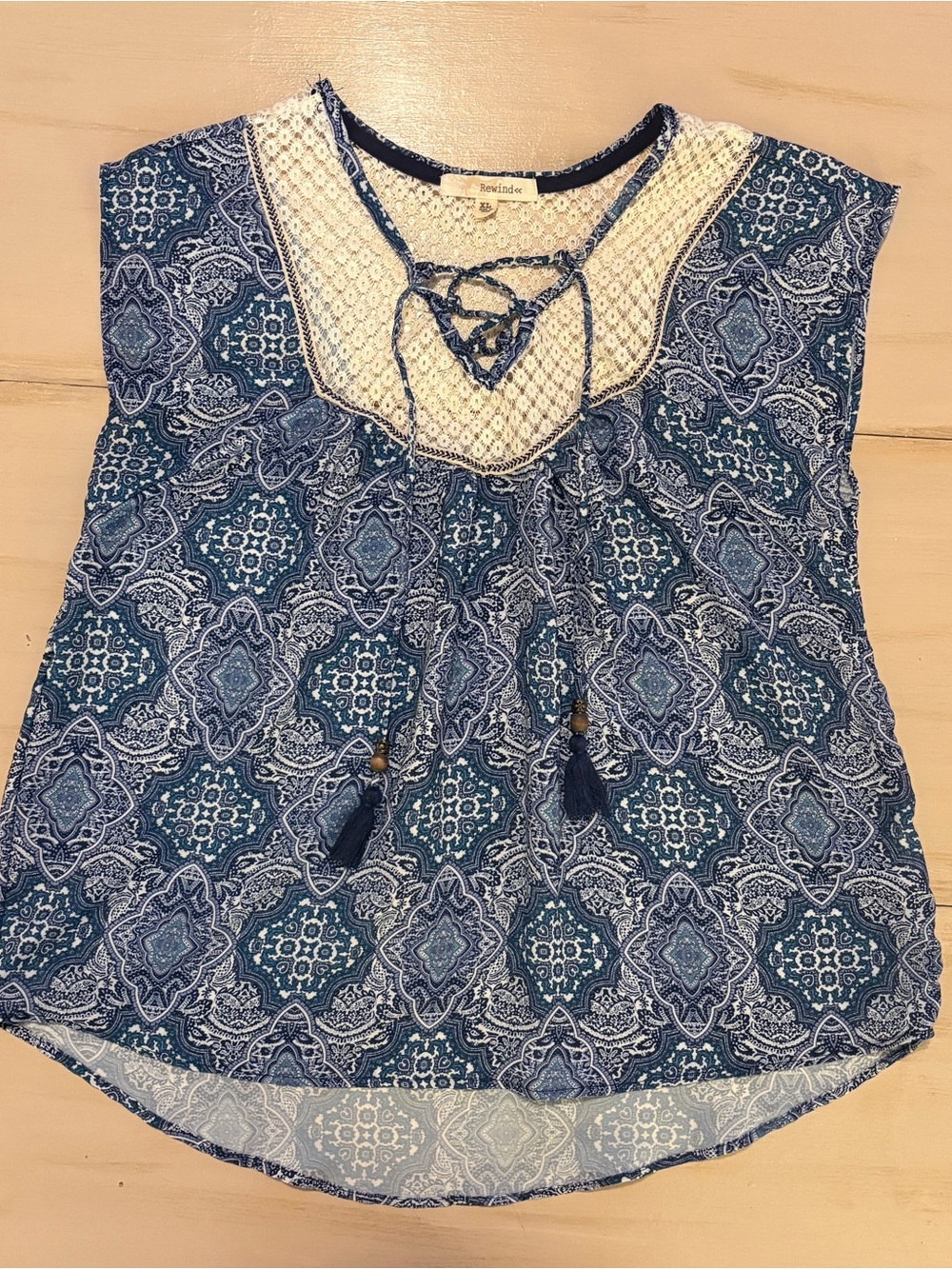 Rewind Indigo Blue Printed Crochet Yoke Tie-Front Blouse